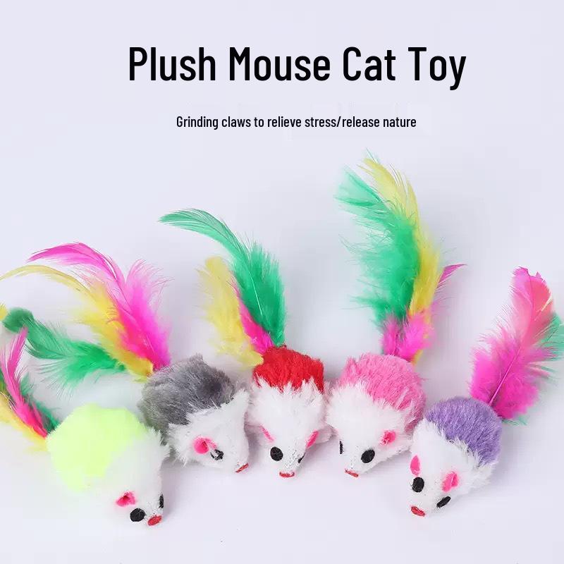 

Scratch & Bite-Resistant Cat Teaser Plush Mouse with Colorful Feathers - Interactive Self-Play Toy