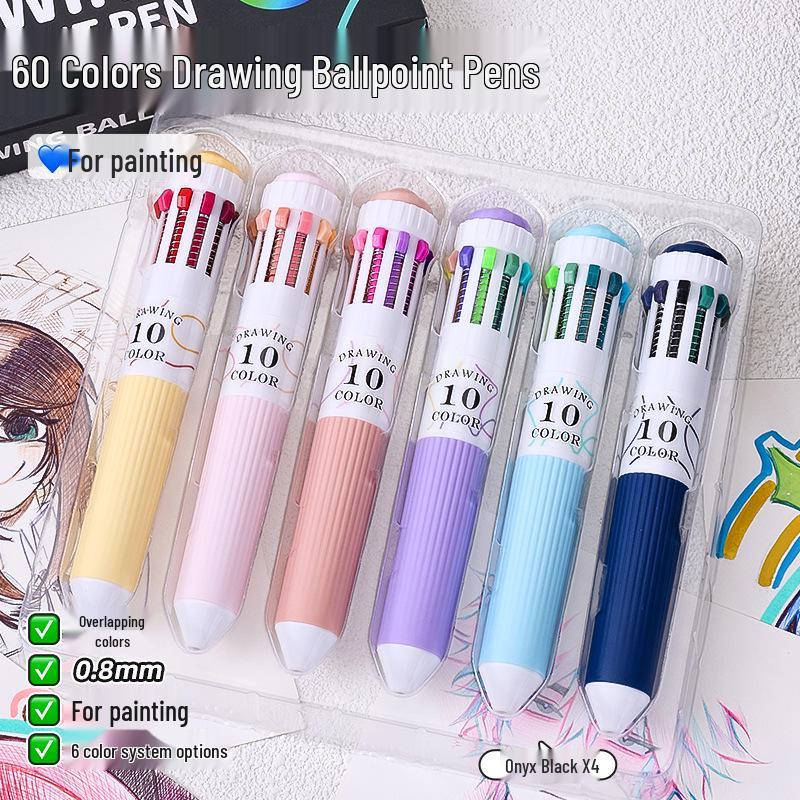 Blue Fruit 60-Color Press-Type Multicolor Ballpoint Pen Set – Ten-Color All-in-One Multifunctional Journal Pen.