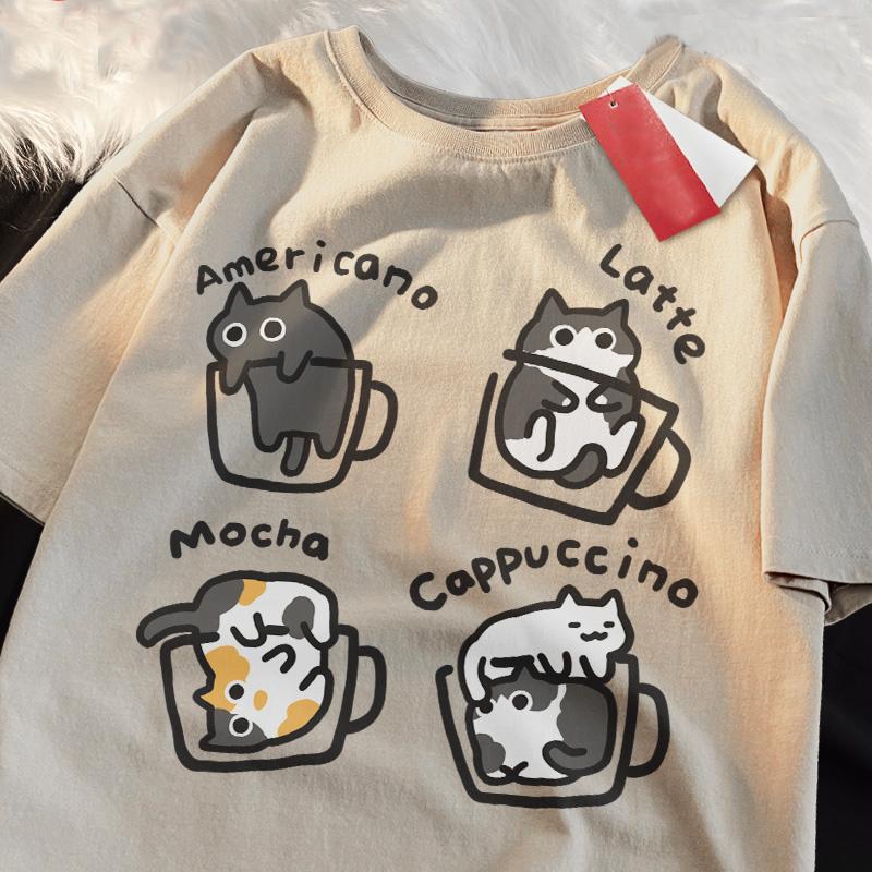 Katze Kaffee Reine Baumwolle Trendiges Sommer Locker Kurzärmeliges T-Shirt Unisex Damen Original Mokka Latte Katze Drei Blumen Lustige Katzen-T-Shirts