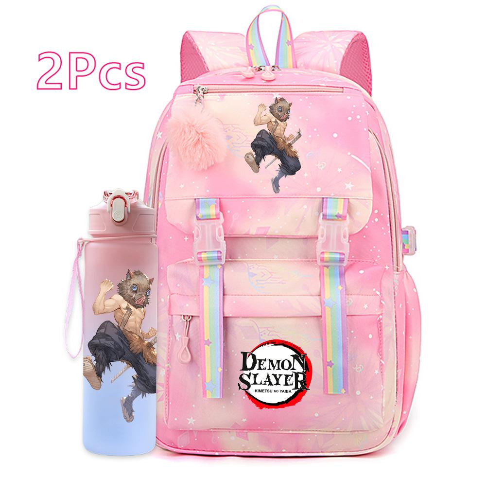 2Pcs/set Cartoon Demon Slayer Printed Backpack with 750Ml Water Bottler for Teenager Bookbag Large Capacity Waterproof Travel Bag