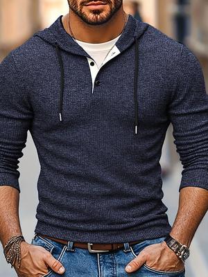 2025 Men's Color Block Drawstring Pullover Hoodie with Button-up Top for Autumn/Winter