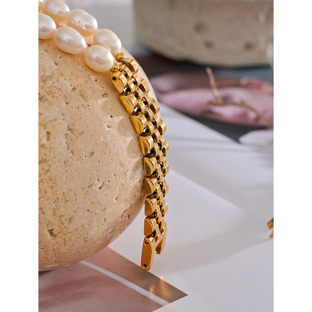 Yhpup Luxury Natural Pearls Cuban Chain 316L Stainless Steel Bracelet Bangle High Quality Women Gold Color Premium Jewelry Gift
