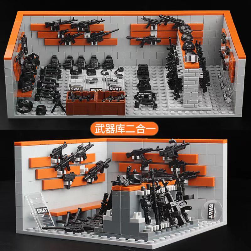 Waffenkammer Ausrüstung Waffenkammer Militärmodell Zubehör Ergänzungspack Spezialeinheit Ausrüstung Vollständiges Militärspielzeug Bausteine