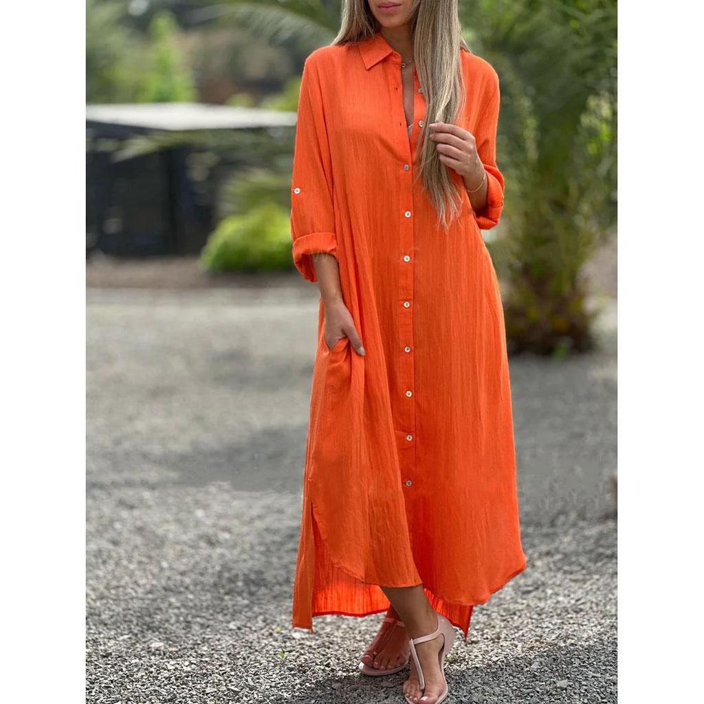 Autumn Women's Dress Cotton Linen Shirt Long Skirt Fashionable Single Breasted Casual Long Sleeved Cardigan Dress