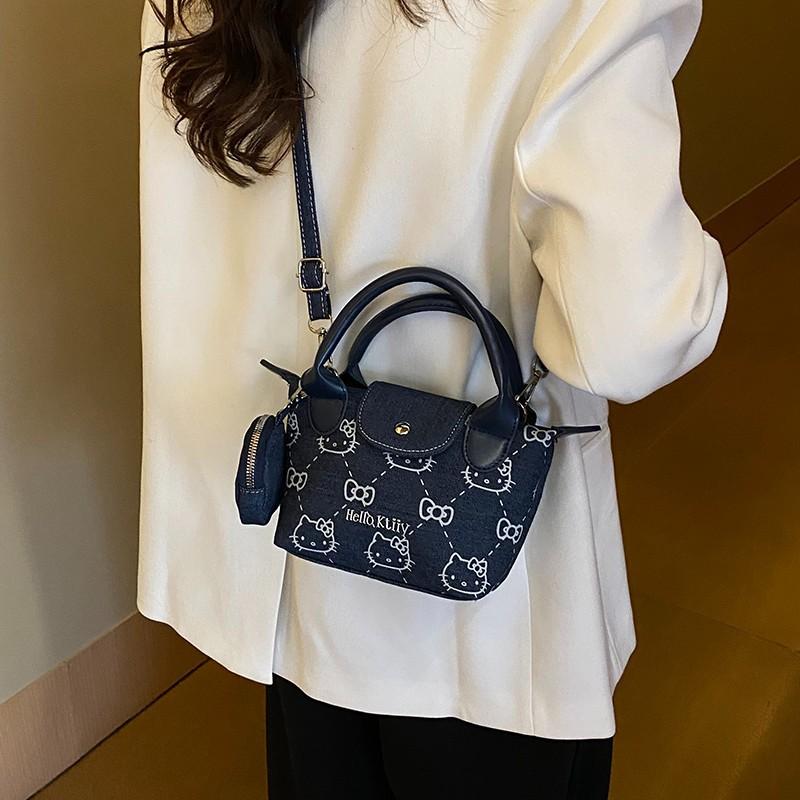 2025 new spring cute denim printed cat handbag women's fashion shoulder messenger bag mini dumpling bag