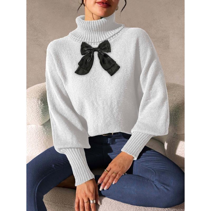 

2025 Новые осенне-зимние женские топы кружевной бант водолазка пуловер свитер S белый
