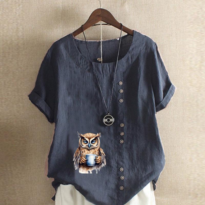 Women's Fashion Owl Prined Short Sleeve T-shirt Loose Cotton Shirt Casual Loose Summer Blouse Tops Plus Size