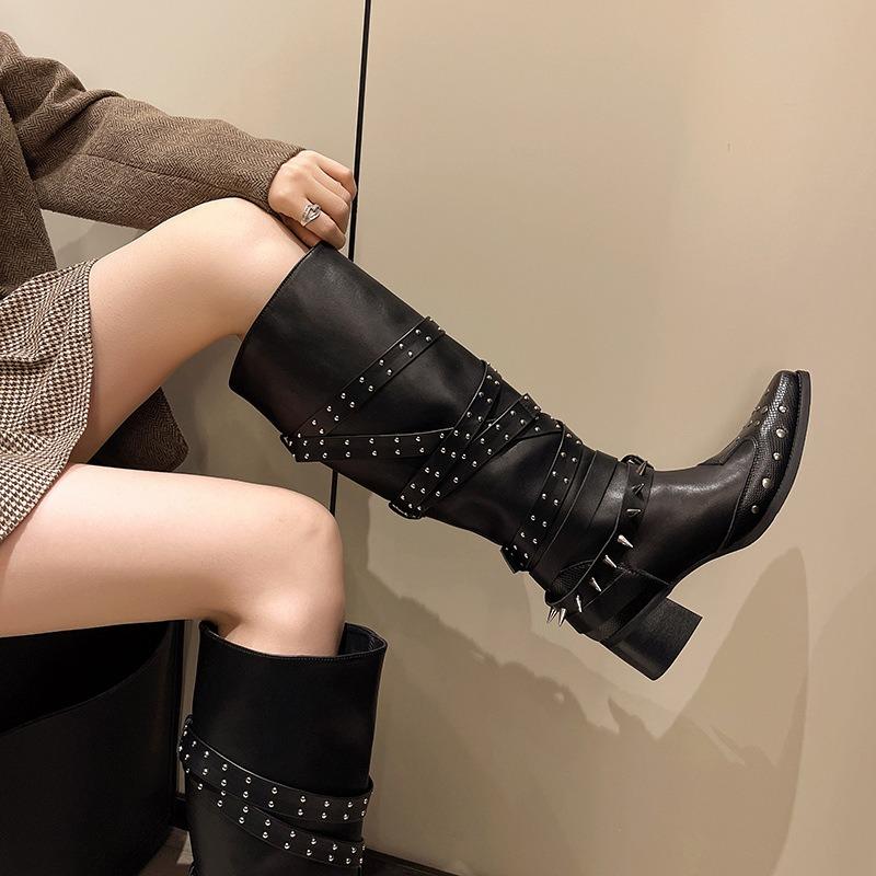 Women's Knee-high Boots Punk Style Long Boots Pointed Toe Leather Boots for Women Western Cowboy Boot Rivet Knight Botas
