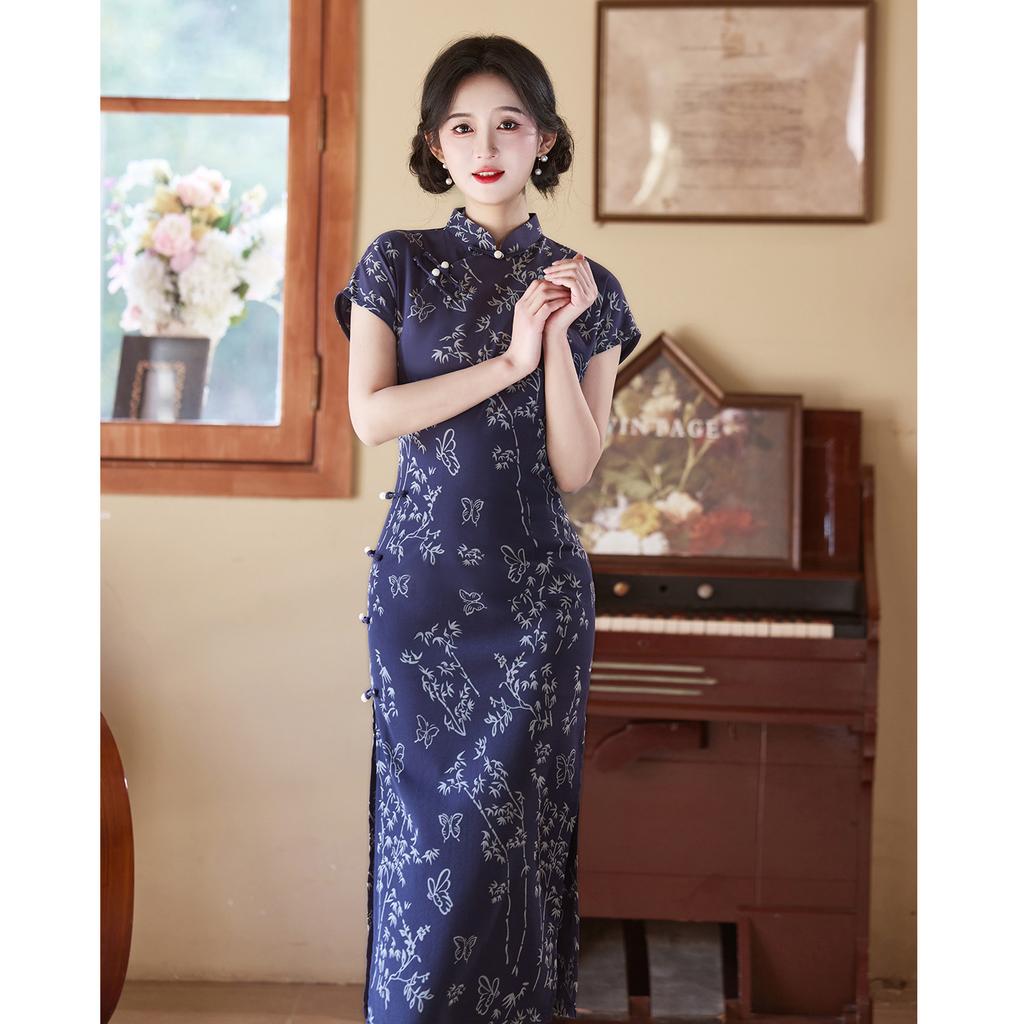 New national style ancient high-end cheongsam blue new Chinese long style improved young style