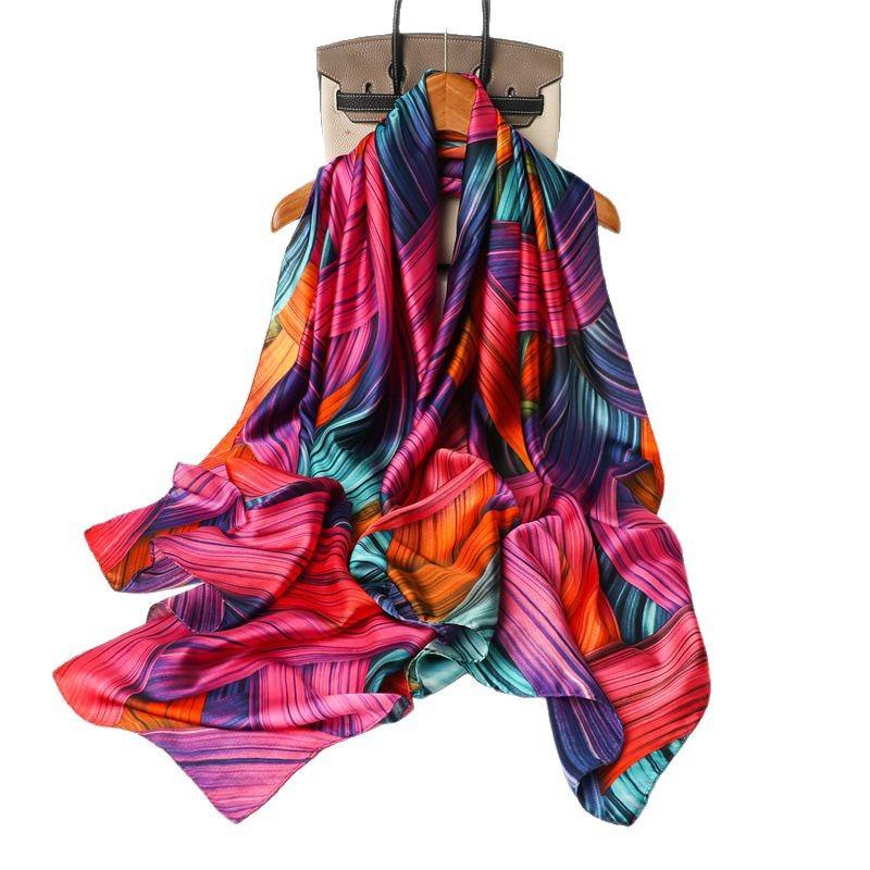 Versatile headscarf abstract printing spring and summer thin new contrasting shawl brocade silk scarf imitation silk scarf long scarf