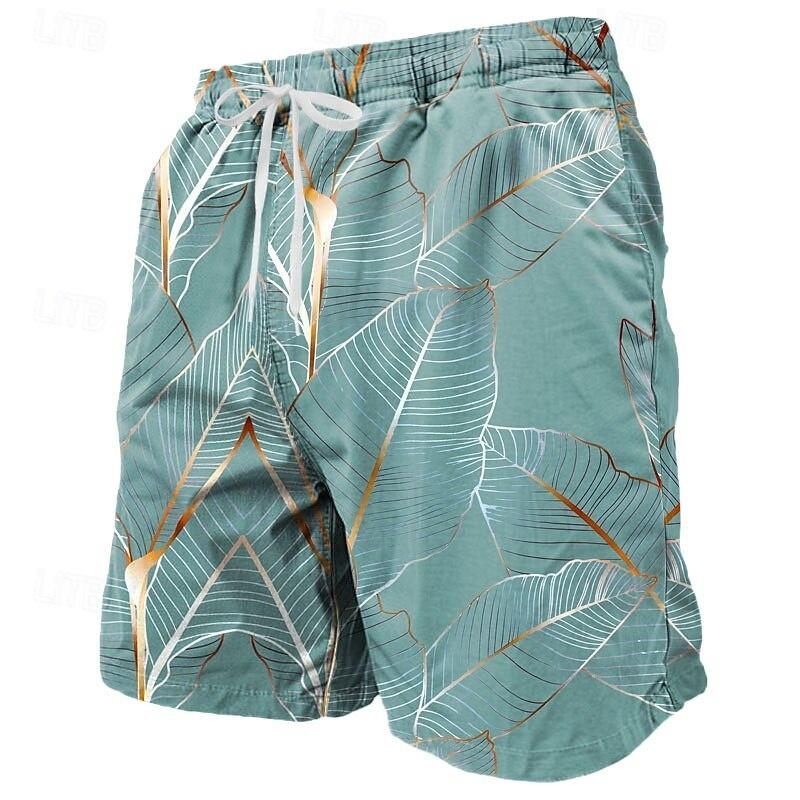 3D Printed Colorful Leaves Short Pants For Men Plant Stripes Pattern Beach Shorts Summer Casual Street Breathable Swim Trunks