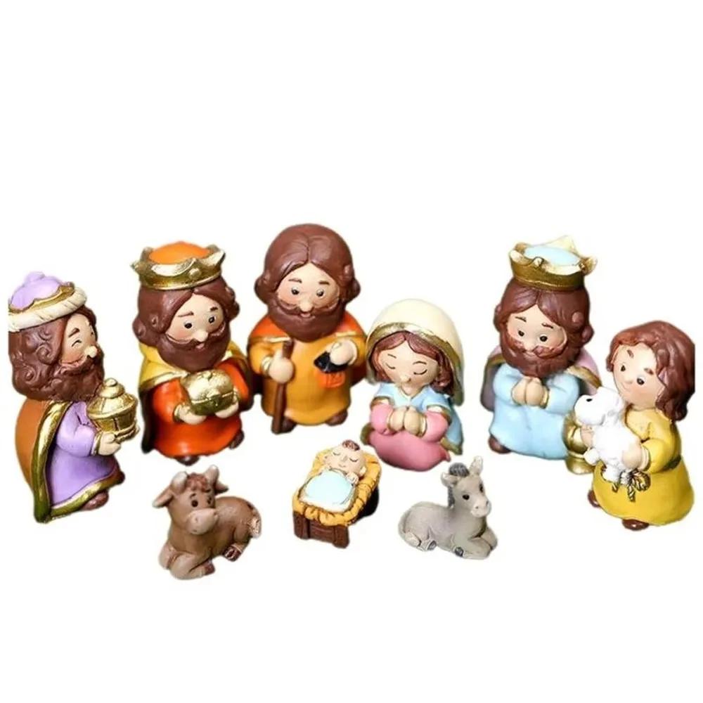 Resin Nativity Manger Ornament Cartoon Miniature Nativity Figurine Hand Painted LED Lights Holy Family Sculpture Church Display