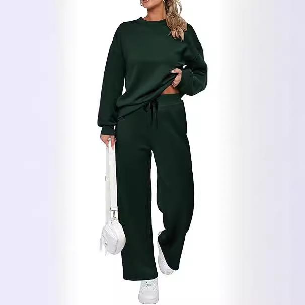 2024 Euro-American Knit Women's Two-Piece: Long-Sleeve Top & Wide-Leg Pocket Trousers