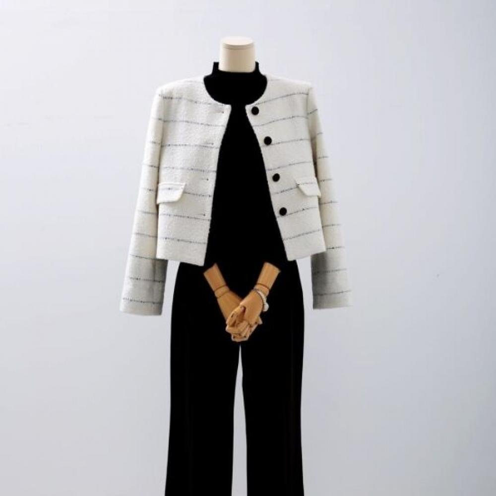 Style Latte Women Stripe Sleeve Contrast Tweed Classic Wool Jacket 140