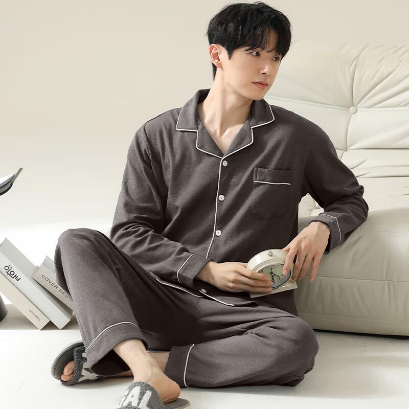 XUEXIMAN Pure Cotton Pajamas for Men, Spring And Autumn Long-Sleeve Lapel Cardigan, Simple Loose-Fitting Men's Skin-Friendly Home Wear Set