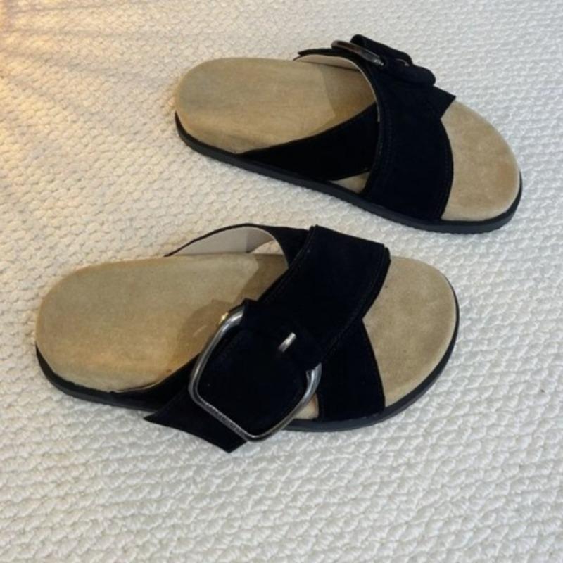 Fashion Metal Buckle Flat Flip Flops Summer New Round Head Open Toe Cross Strap Non-slip Wear-resistant Sandals