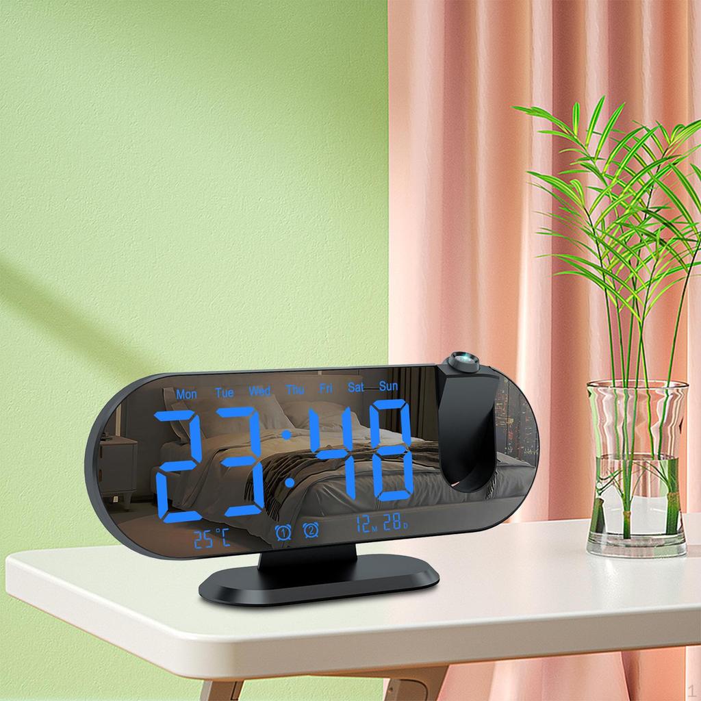 Projection Alarm Clock 3 Levels Adjustable Brightness Mirrored for Home Desk