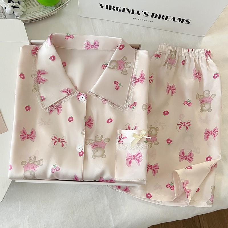Sweet Bear Korean Style Ice Silk Pajama Set Women Cute Long Sleeve Loungewear