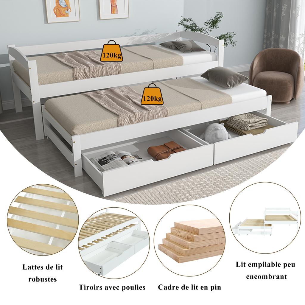 [29596364WAA] Cama de Dia, Cama de Solteiro e Casal, Cama Auxiliar com Rodízios por Baixo, com 2 Gavetas de MDF, Estrutura de Madeira Maciça, Branco (200x90cm/190x90cm)