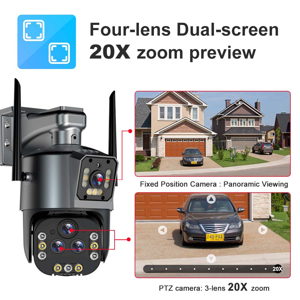 8K 16MP WiFi IP 20X Zoom PTZ Outdoor Wireless Security Camera Four Lens CCTV Cam 4K Video Surveillance Cameras Smart Home
