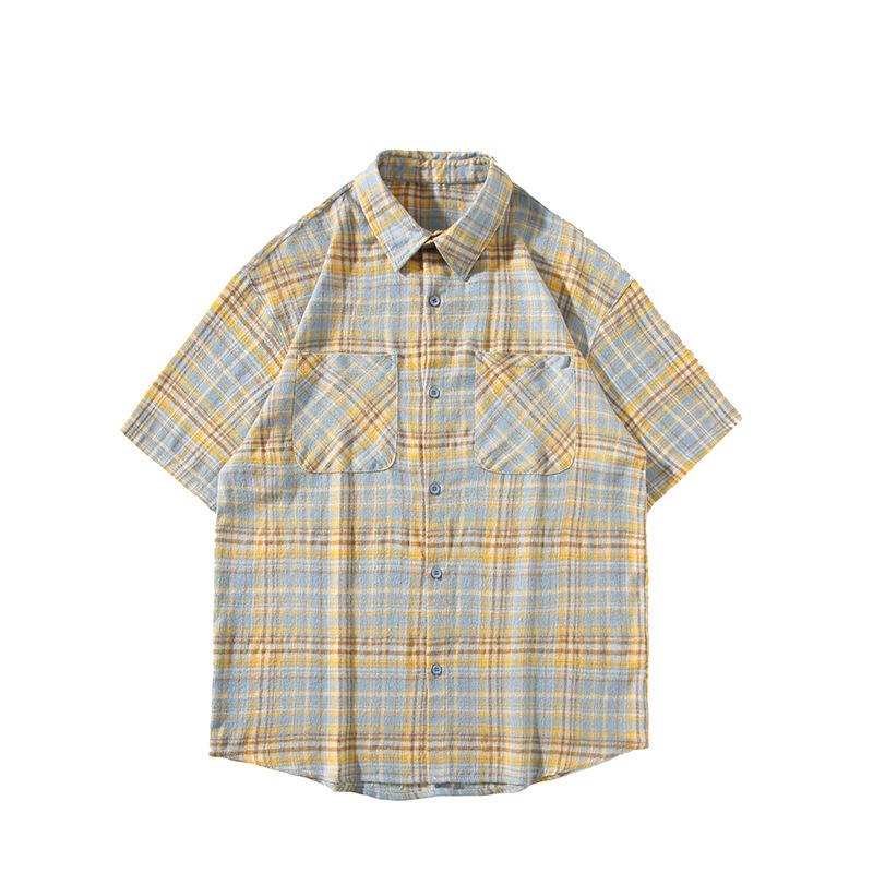 

Мужская рубашка в японскую клетку с коротким рукавом — свободная, модная, летний стиль 3XL жёлтый