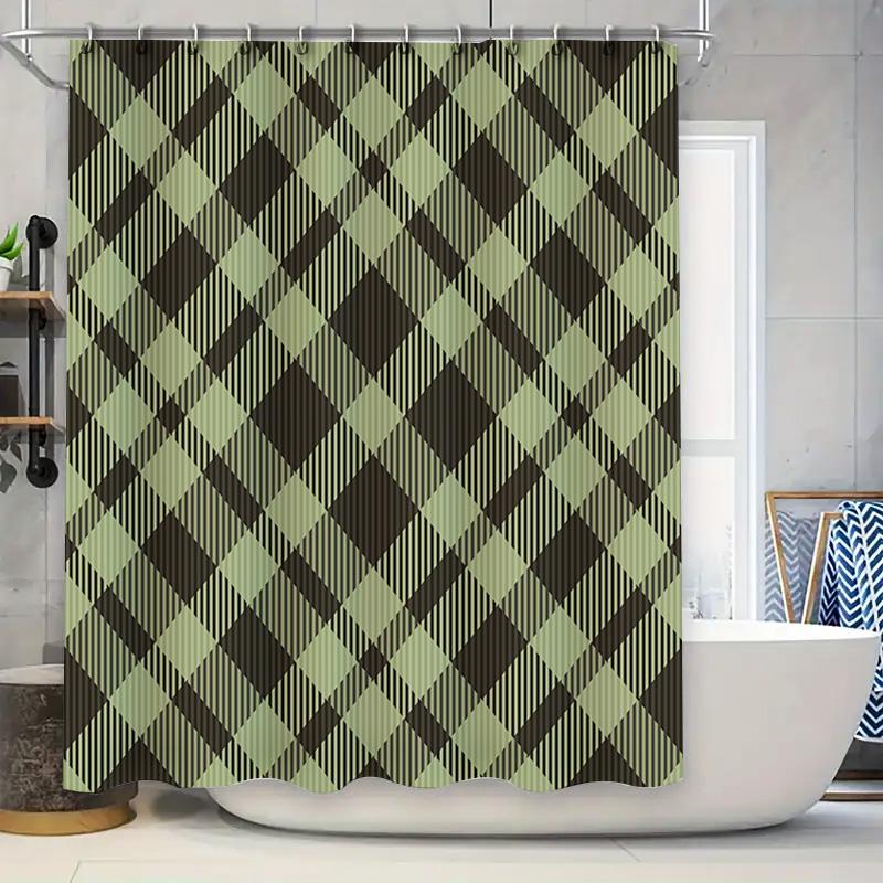 

Green Plaid Shower Curtain Waterproof Bathroom Decor Large Size Print Pattern Washable Polyester Bath Mat W60H190(CM)-1 Pcs