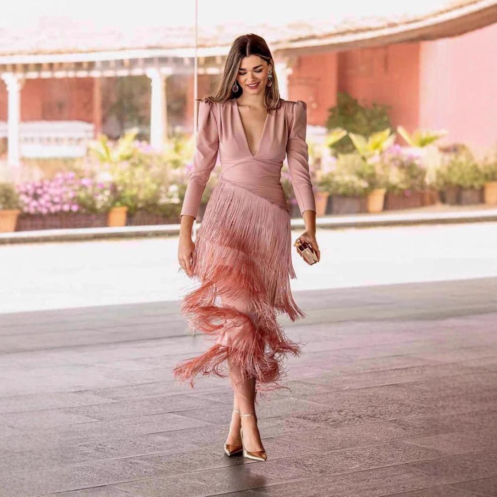 Women's Padded Shoulder Deep V Long Sleeve Maxi Dress Slim Wrap Waist Tiered Fringe Evening Party Long Dress