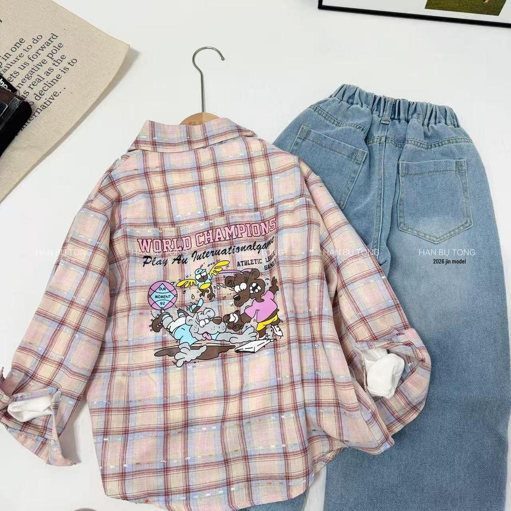 Girls' Plaid Shirt & Star Jeans Set - Stylish Korean Spring/Autumn Wear 2026