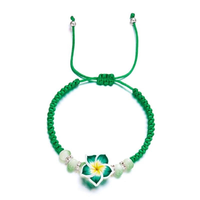 

Браслет с цветами в гавайском стиле, ручная работа, пляжные украшения, регулируемая плетеная веревочка, стильный богемный браслет на запястье зелёный