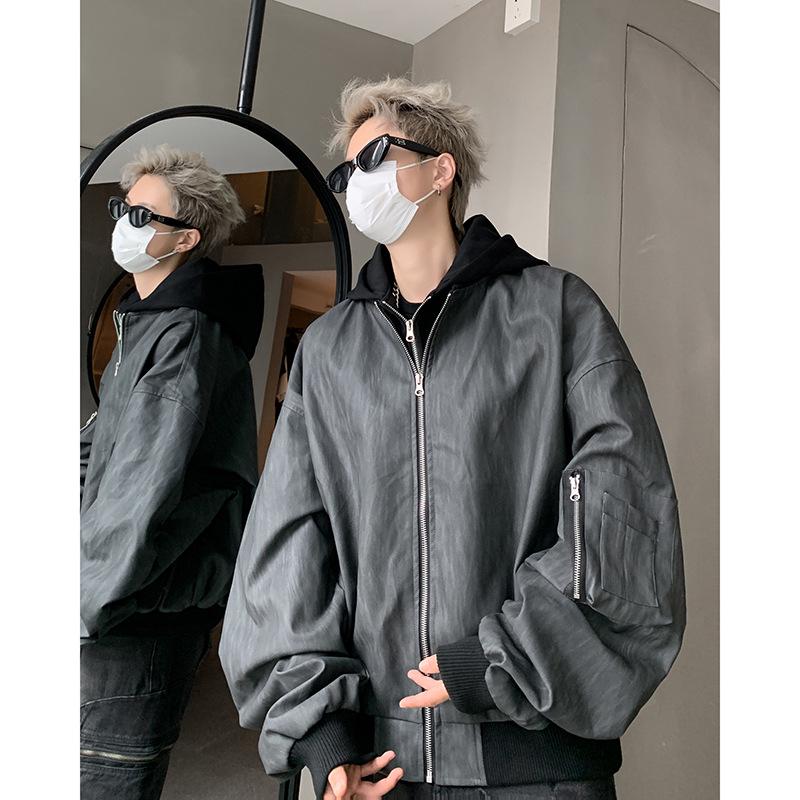 Herren Frühling & Herbst Trendige Lederjacke mit Kapuze - Zweiteiliger Stil, Amerikanischer Street Dark Rogue, Lockere Passform Pilotendesign