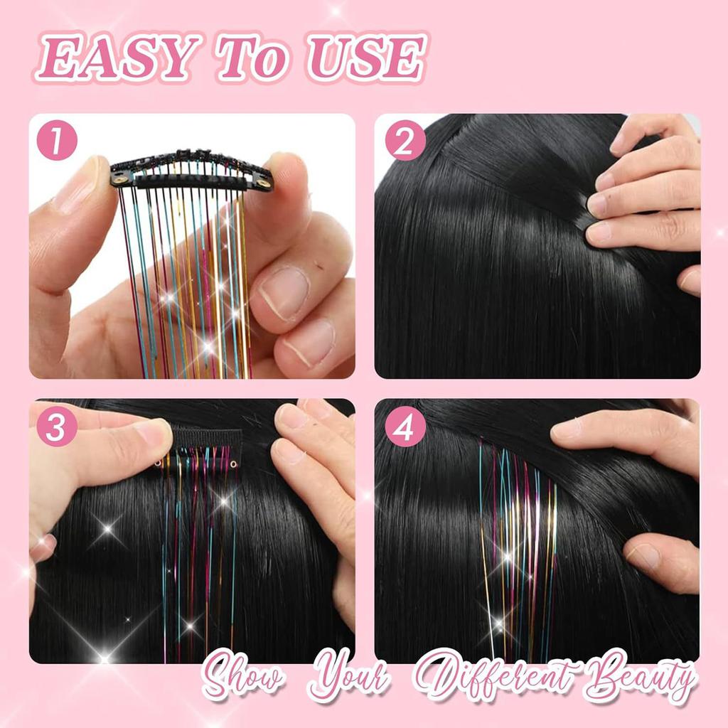 12 Strand Sparkles Tinsel Hair Extension High Temperature Silk Glitter Filament Hairpieces for Various Outfit Occasion