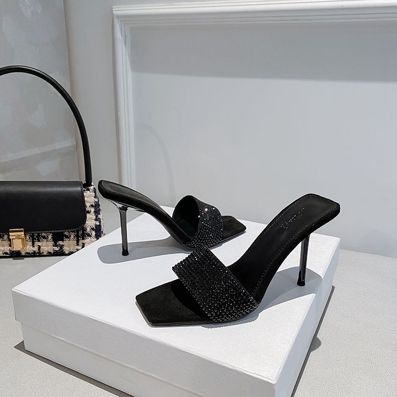 Square-headed Rhinestone Open-toed Stiletto Sandals 2025 Summer New Fashionable Versatile Sexy Roman High-heeled Sandals Women