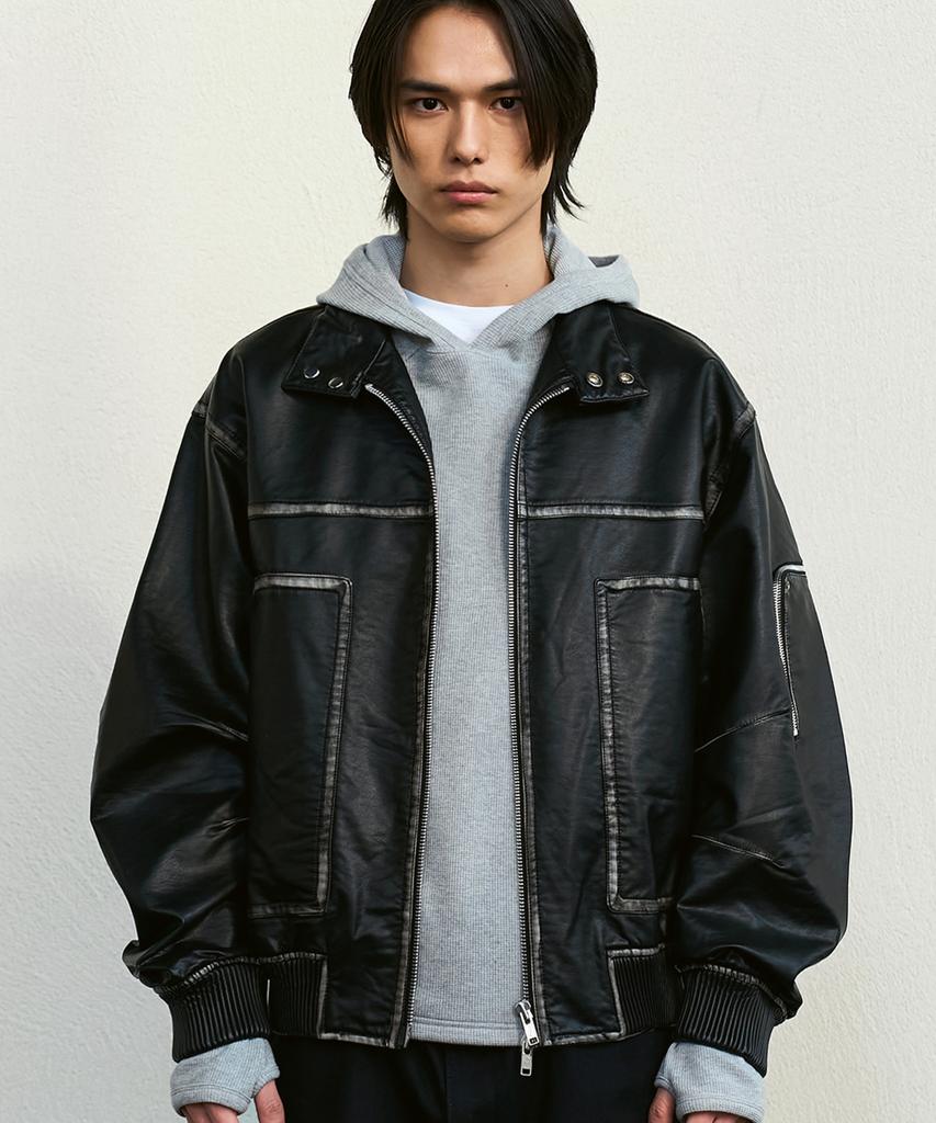 Doffjason Washed Leather Lumberjack Harrington Bomber