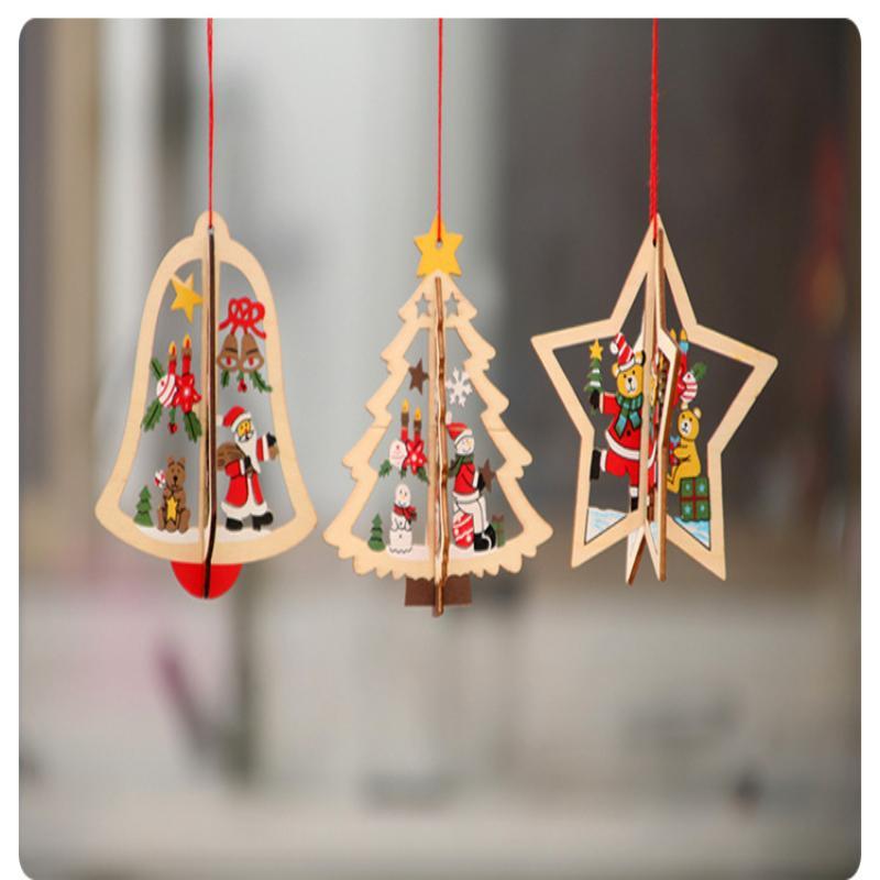 Wooden Christmas Hanging Ornaments 3D Hollow Design Cute Patterns For Home Party Holiday Decor