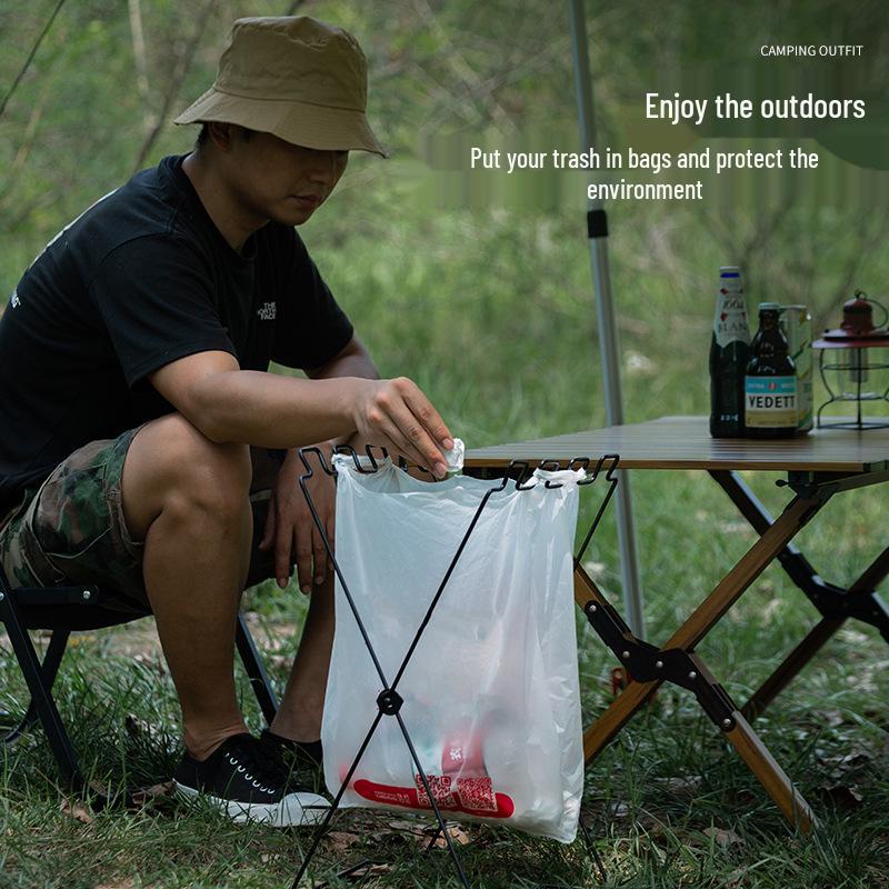Multifunctional Outdoor Folding Trash Rack: Wrought Iron Stand for Camping and Home Use