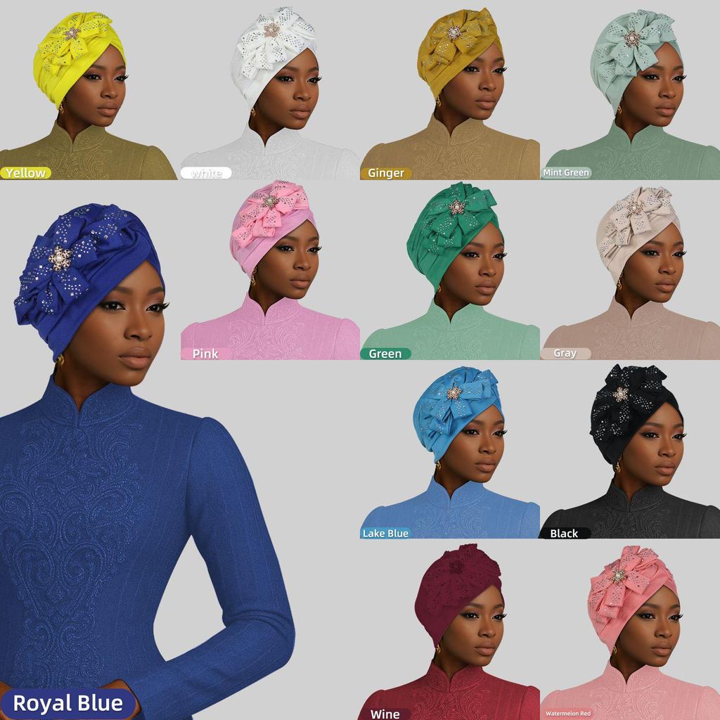 New African Rhinestone Flower Casual Hijab Hat 