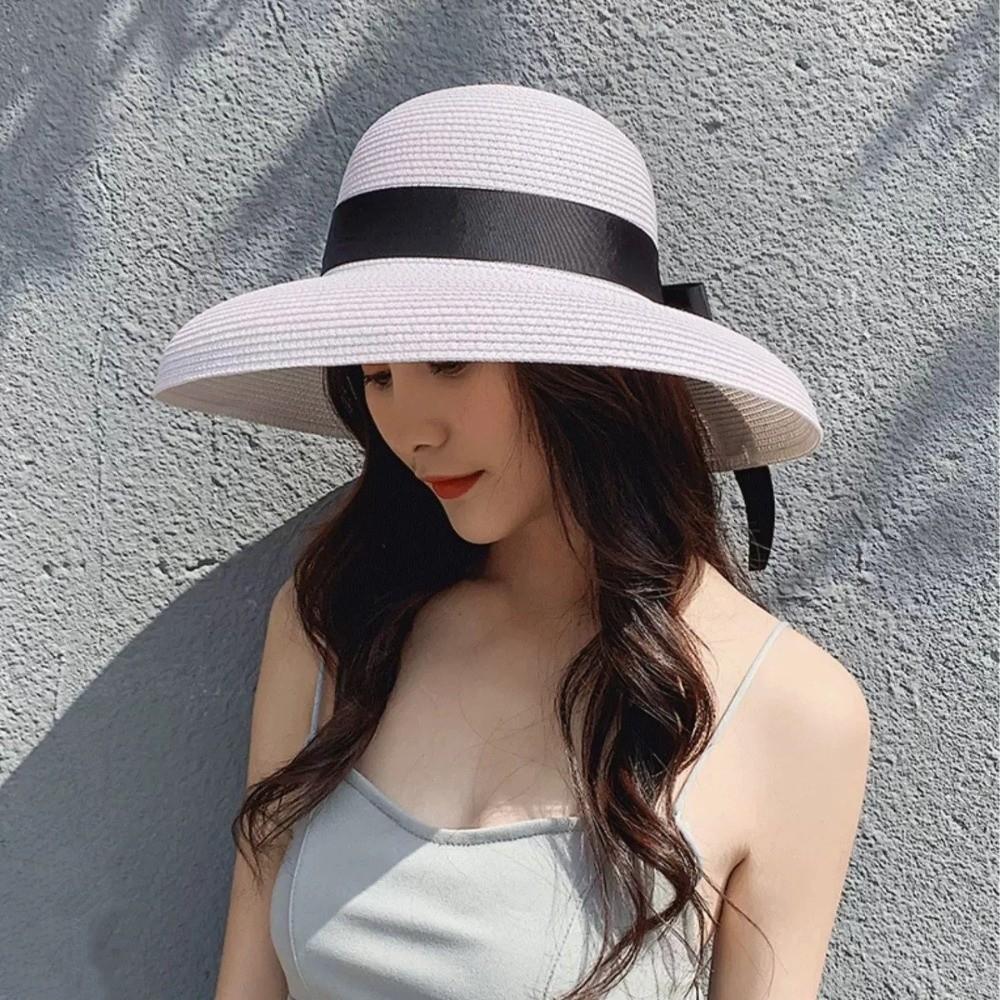 Cappello di Paglia Traspirante Vintage a Tesa Larga Protezione UV Cappello Parasole con Nastro Nero Cappello da Sole da Donna