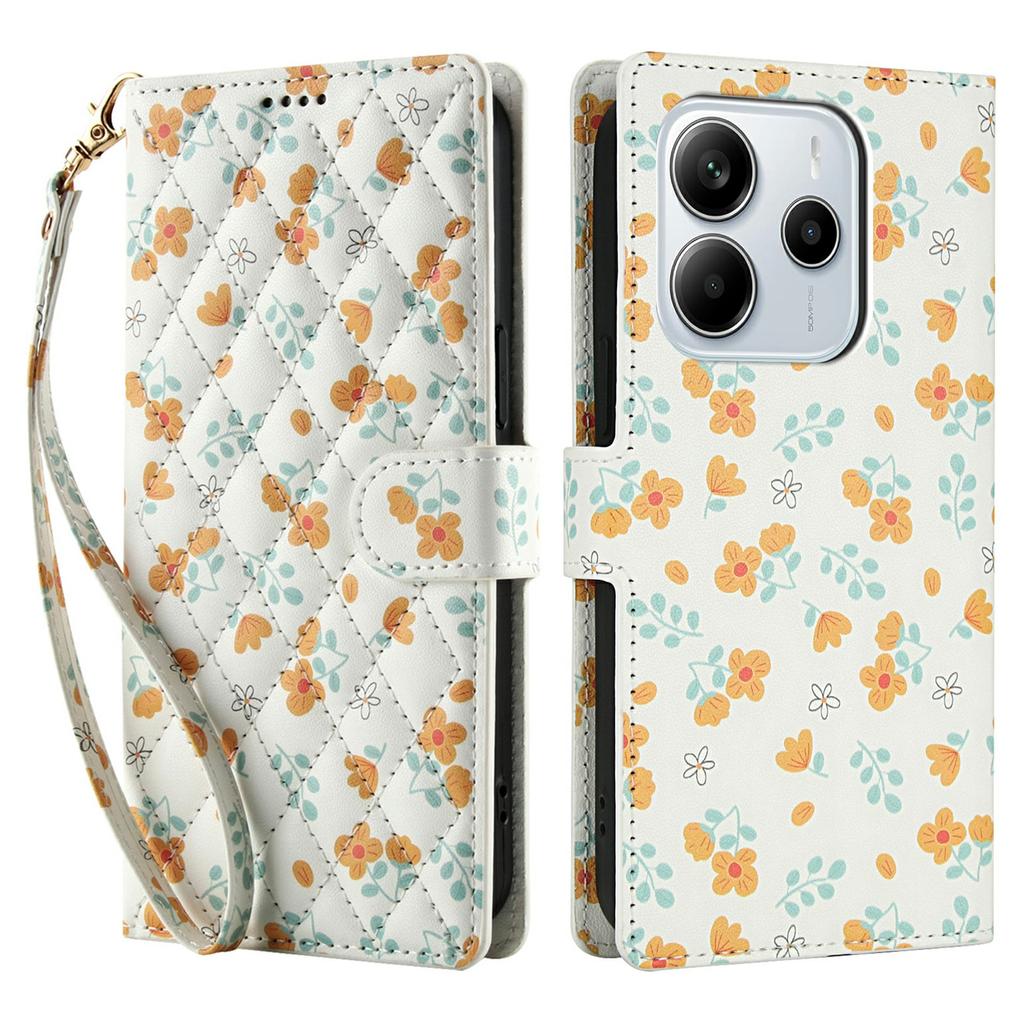 For Xiaomi Redmi Note 14 4G (163.25mm) Wallet Case Rhombic Floral Design Leather Flip Phone Cover with Strap