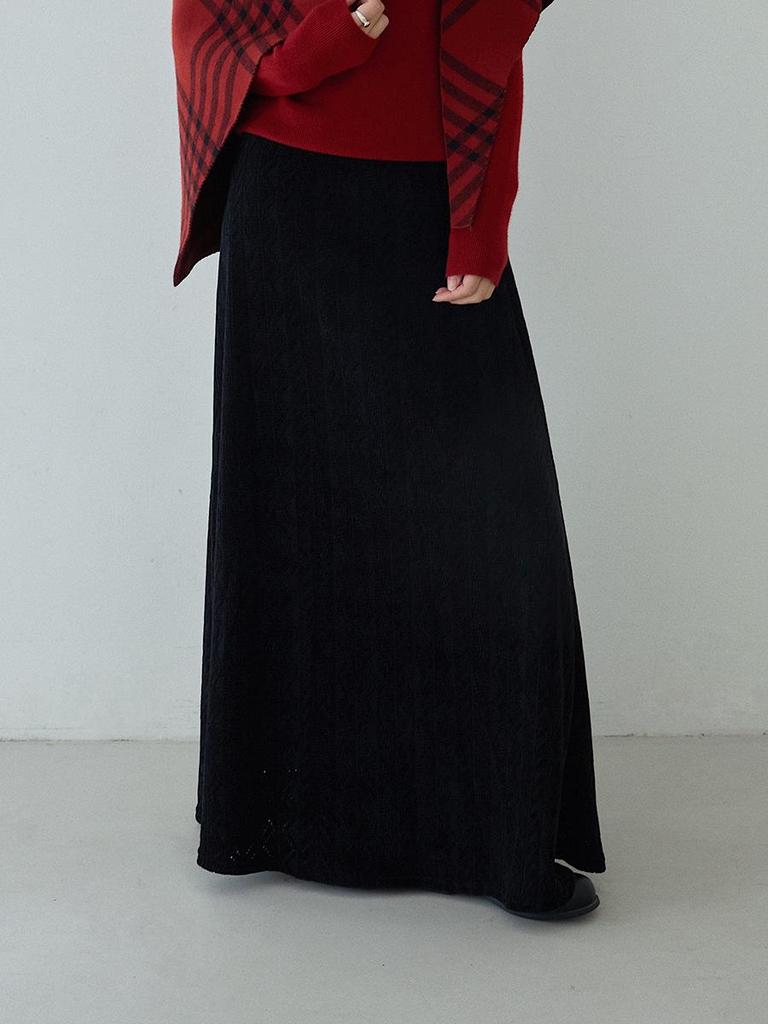 Koreanischer Stil Schwarzer texturierter High-Waist figurbetonter A-Linien-Strick-Midirock für Damen