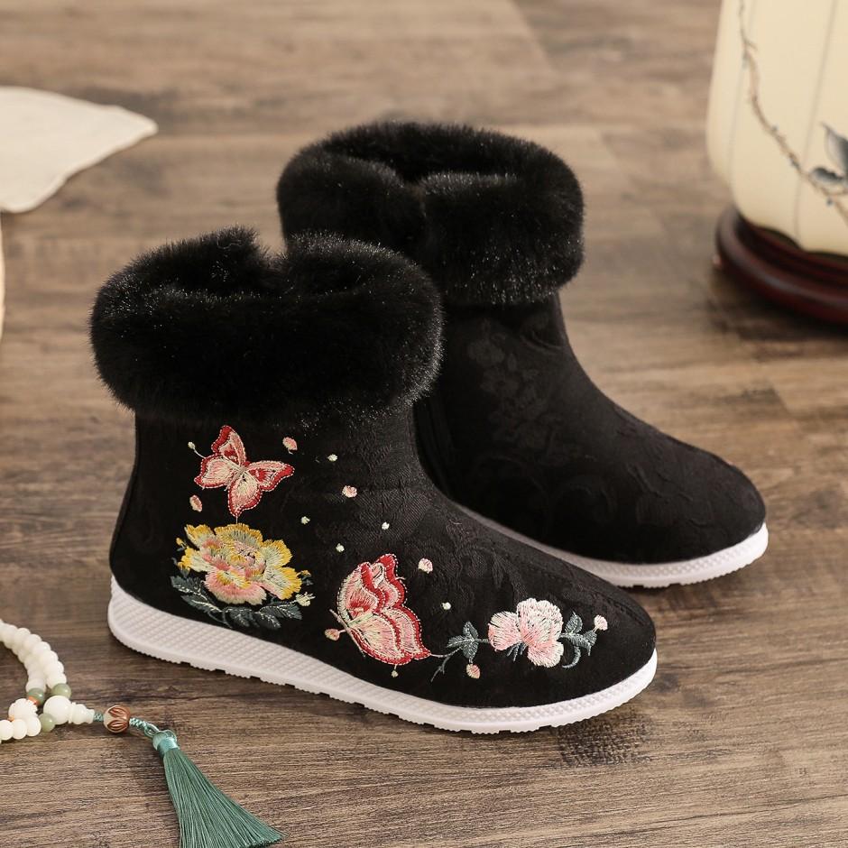 Winter Warm Ankle Boots for Women Casual Anti Slip Plush Fleece Lined Snow Boots With Side Zipper Women's Embroidered Faux Fur Lined Short Booties