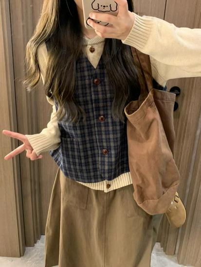 

Женский ретро зимний клетчатый жилет и свитер, комплект юбки миди 2025 Plaid Vest