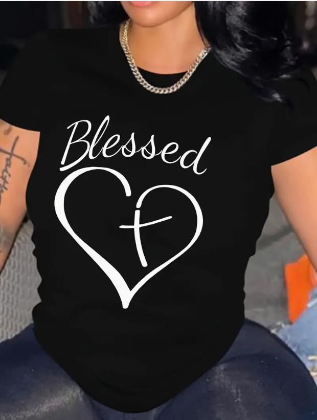 

Модна жіноча проста футболка з принтом «Любовний хрест» і смішна повсякденна футболка з круглим вирізом і короткими рукавами. Літня жіноча футболка 8XL чорний