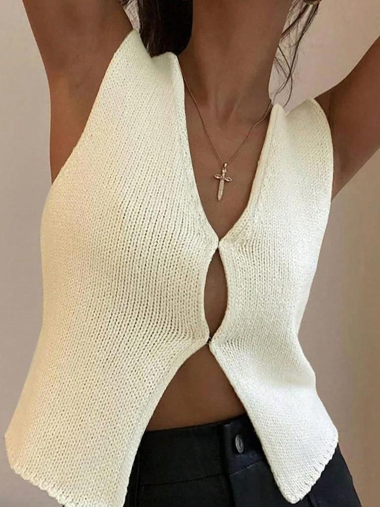 Rose Beauty A  Solid Casual V-Neck Grommet Front Split Hem Sleeveless Sweater Vest Top Knitted Waistcoat