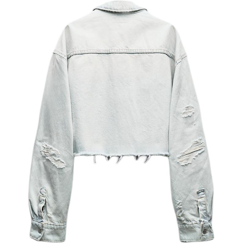 Zara TRF Solid Color Ripped Short Denim Jacket Women jackets Light-Blue 8197096-406