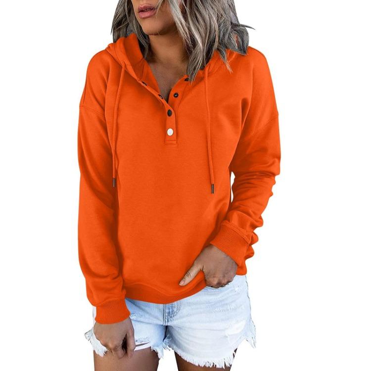 Women Fashion Long Sleeve Casual Solid Color Hooded Sweatshirt Top with Button Front
