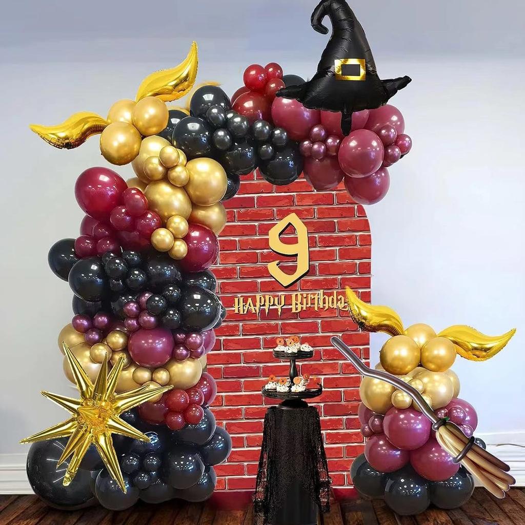 Magie und Zauberschule Ballonkranz Set Burgunder Schwarz Gold Hut Harry Potter Themen Geburtstag
