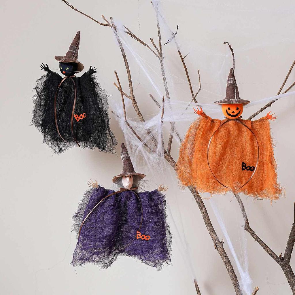 Halloween Mesh Hanging Doll Ornament Black Cat Pumpkin Satin Fabric Pendant Decoration