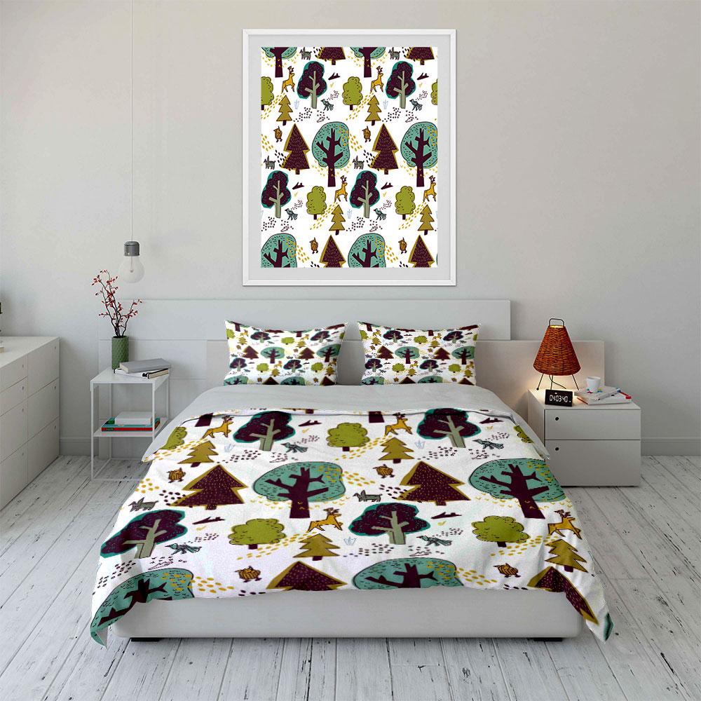 Forest animals and trees. Print Bedding Set 1 Duvet Cover 2 Pillowcases for Adult and Children Luxury Gift Full Size