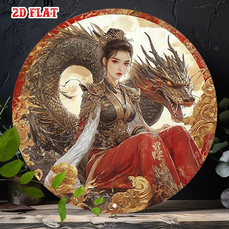 D Flat Fantasy Girl with Dragon Wall Art Metal Sign Chinese Anime Style Round Tin Sign Ancient Mythology Red Dress Warrior Pr 20x20cm(8x8inch)