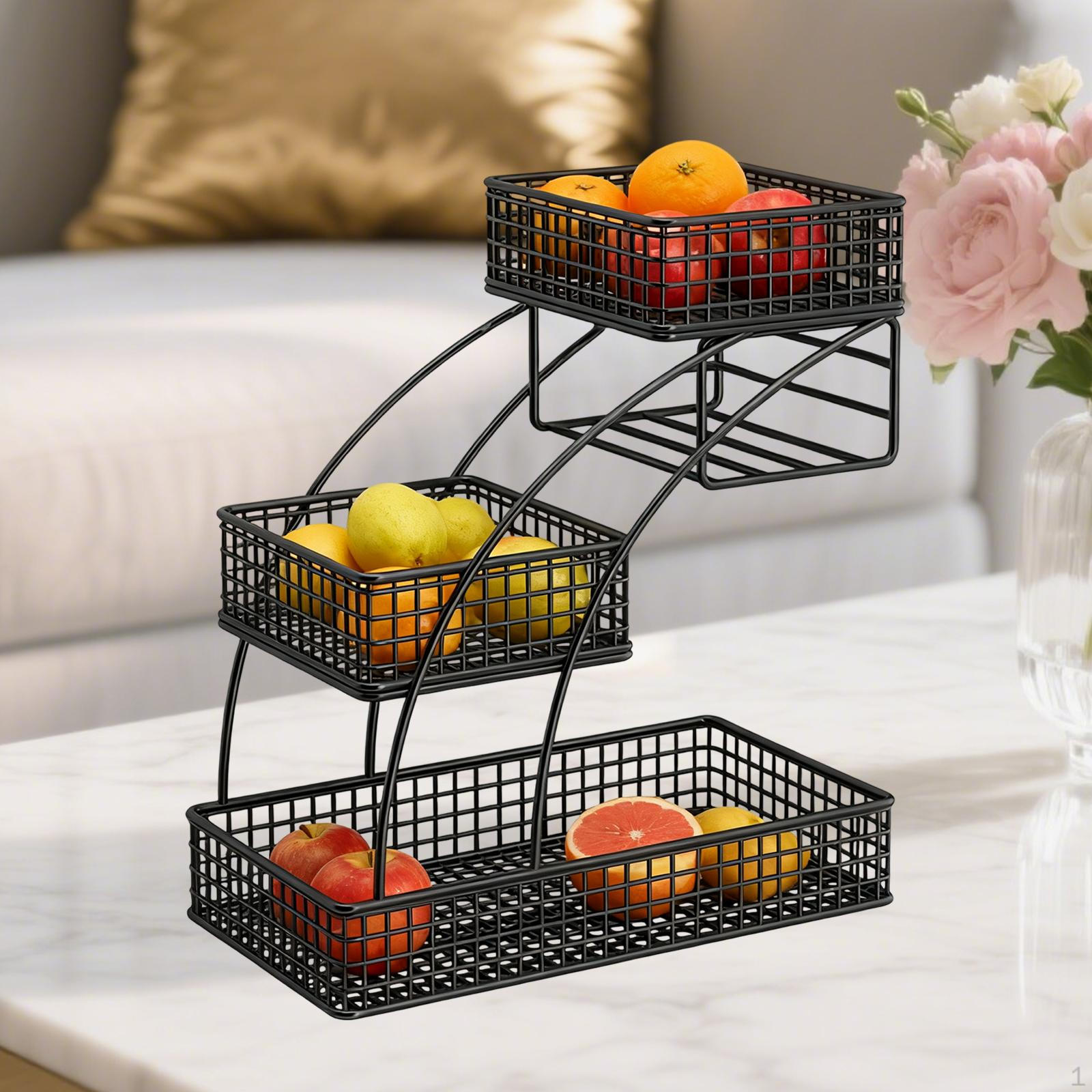 3-Tier Decorative Iron Fruit Basket, Vegetable Bread And Snack Elegant Large Capacity чёрный